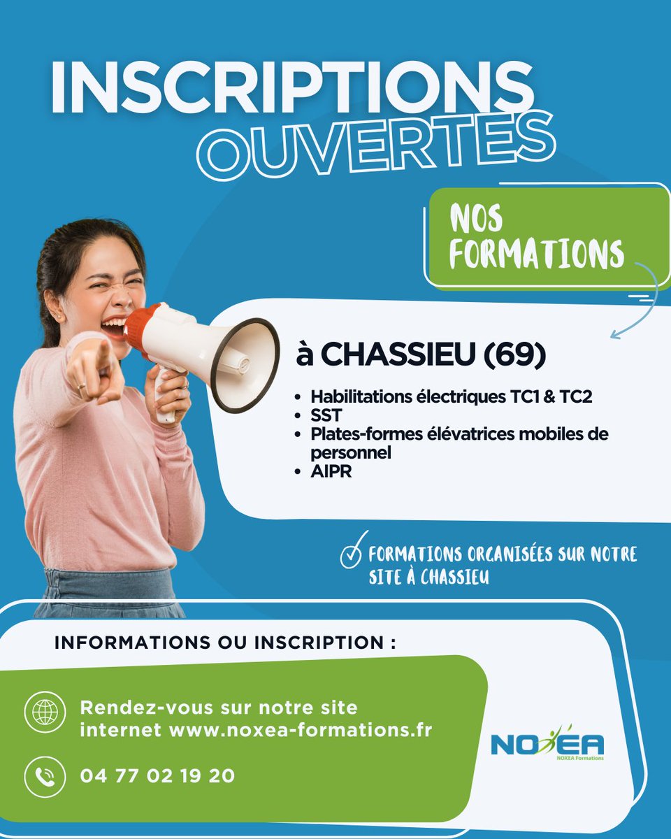 noxeaformations's tweet photo. 📢Nos formations à Chassieu📢
Prochaines dates disponibles :
Formations organisées sur notre site à📍Chassieu
Pour toute inscription ou information :
📞04 77 02 19 20
OU
🌐Rendez-vous sur notre site internet https://t.co/xVVI8KXDQP