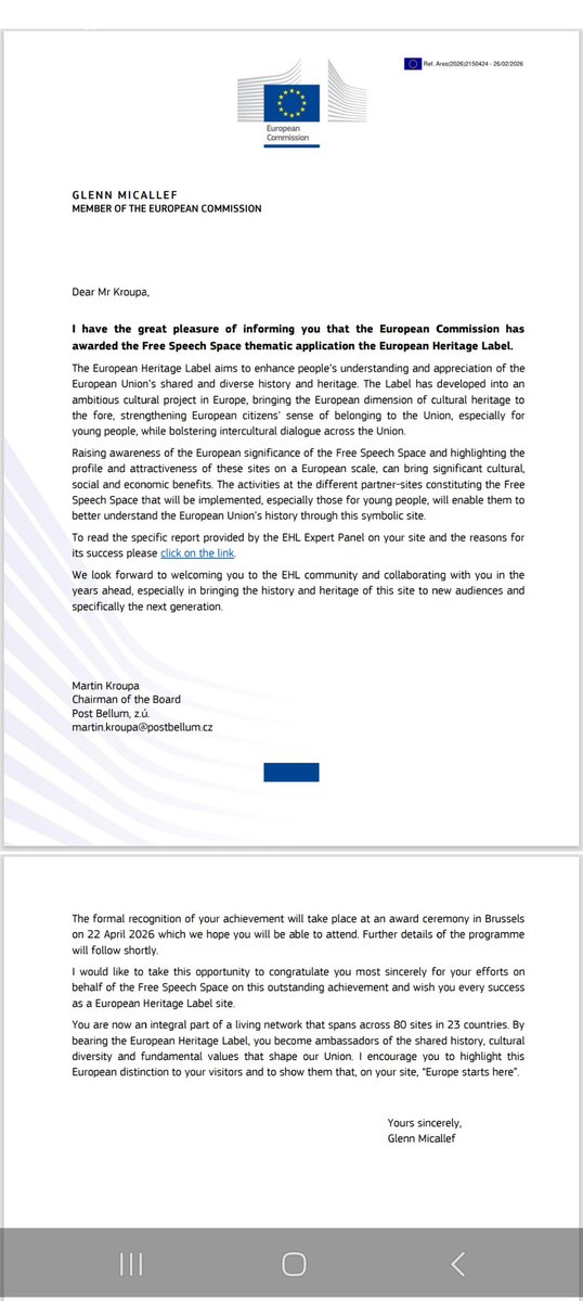 Získali jsme pro ČR nové evropské UNESCO. Je to oficiální označení Evropské kulturní dědictví. Pro fenomém svobodneho šíření informaci během roku 1968. Dostali jsme k tomu gratulaci od evropského komisaře.