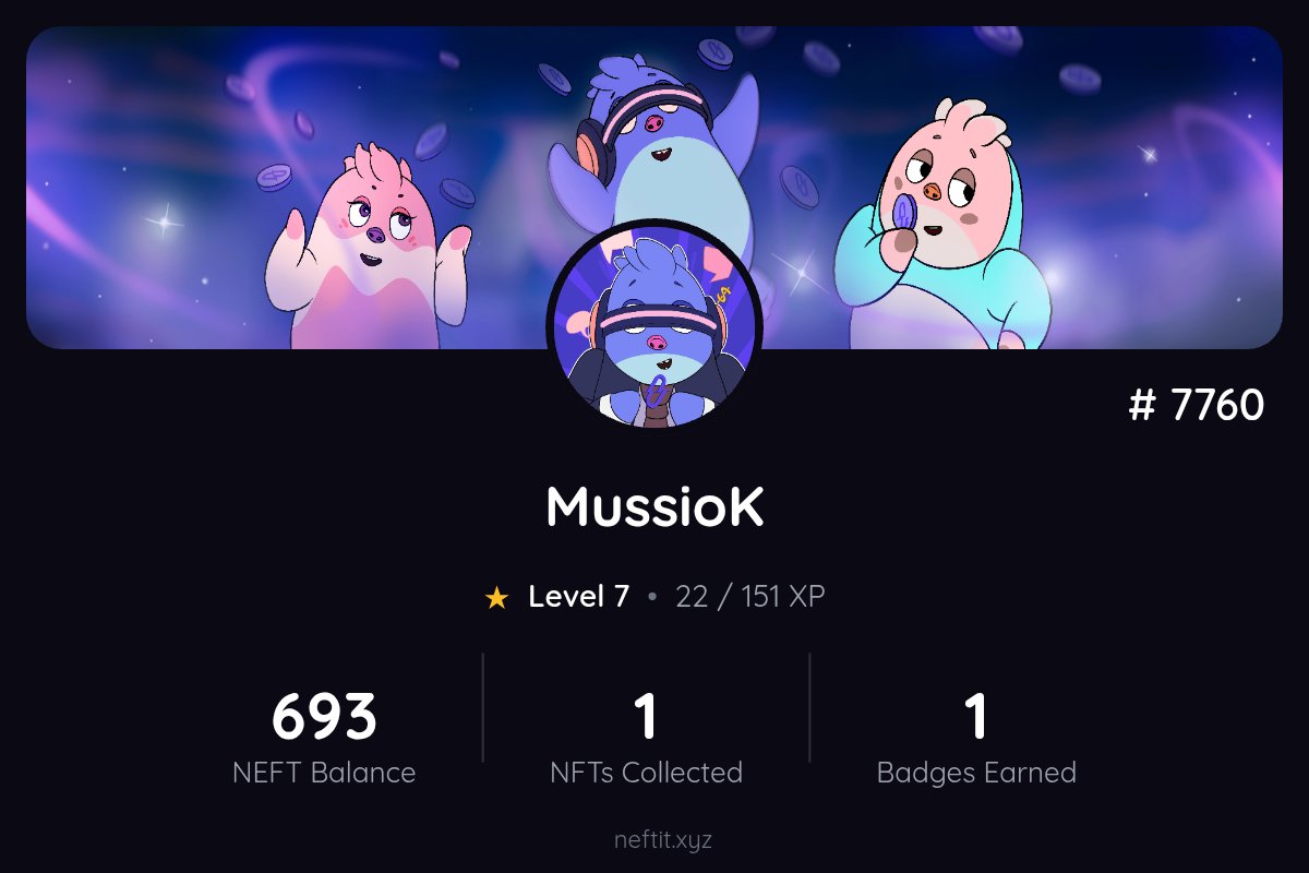 KaihanFo7474's tweet photo. Check out my @NEFTIT profile! ๐
โญ Level 7
๐ Collecting NFTs on-chain
#NEFTIT #Web3 #NFT https://t.co/0eIP7MuMHM https://t.co/6ILc88P8dJ