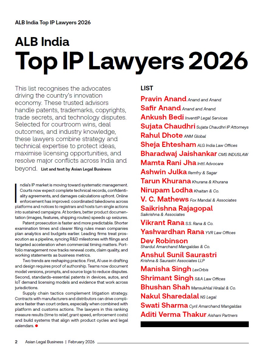 YVRLawOffices's tweet photo. 🏆 Honoured to be named in the ALB India Top IP Lawyers 2026 list by @ALB_Magazine, Thomson Reuters. Grateful to every client who trusted us with their ideas, brands, and innovations. The work continues. https://t.co/GnTMmelnCr
#IPLaw #ALBIndia #TopIPLawyer #Trademarks #Patents https://t.co/j419CLKTEp