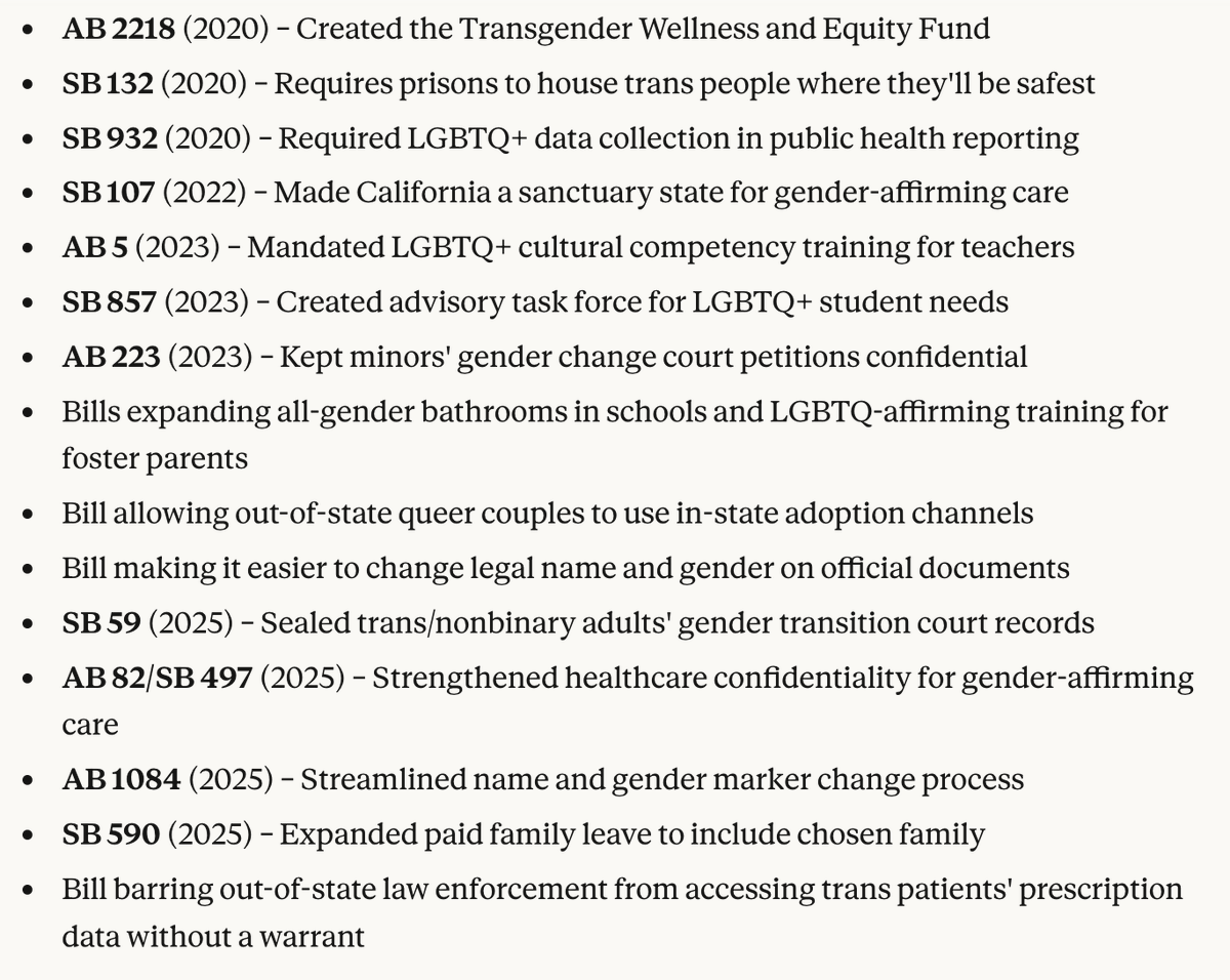 StatisticUrban's tweet photo. I do not like Newsom as a candidate, but he signed all of these bills. The idea he's some rabidly anti-trans guy is just insane. https://t.co/iAJqI1wCmr