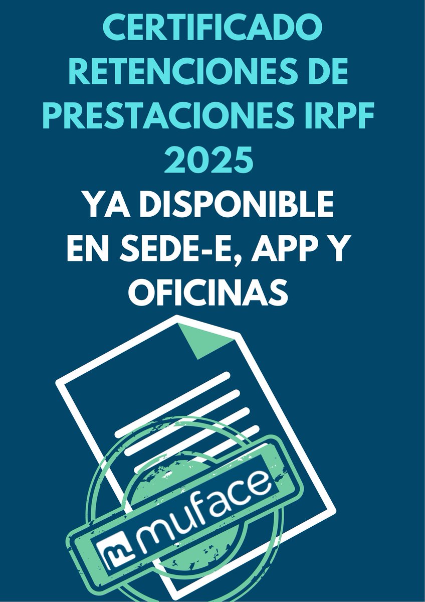 CERTIFICADO DE RETENCIONES DE PRESTACIONES 2025

✅Ya disponible sede-e y  App 

💻Sede-e con cert digital, DNIe o Cl@ve

📱App con reg, usuario y contraseña

muface.es/mutualistas/mi…

<a href="/mintradigital/">Ministerio Transformación Digital Función Pública</a> <a href="/SEFPgob/">Secretaría de Estado de Función Pública</a> <a href="/UGT_SP/">UGT Servicios Públicos</a> <a href="/sae_fsc_ccoo/">SAE FSC-CCOO</a> <a href="/CSIFnacional/">CSIF Nacional</a> <a href="/galizaCIG/">CIG</a>