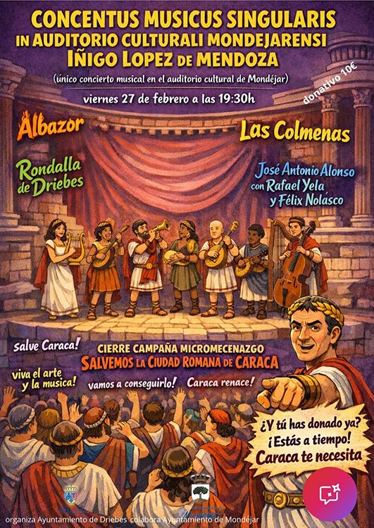 #Agenda. Lo+próximo (citas). Convocatorias para hoy viernes 27 de febrero
#Mondéjar. Concierto cierre de campaña "Salvemos Caraca" henaresaldia.com/evento/mondeja… a través de <a href="/henaresaldia/">Henares al Día. El blog de la provincia</a> <a href="/AytoDriebes/">Ayuntamiento de Driebes</a>