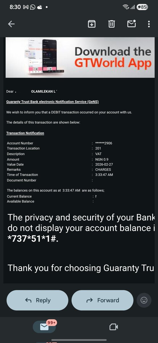 Thi3dB's tweet photo. I stopped using my GTBank account around October due to service inconsistencies. After crediting it once in January, I was charged ₦200 for SMS alerts on an account with almost no activity.
This is frustrating and highlights why transparency in bank charges matters. @gtbank https://t.co/EbxdOHBlac
