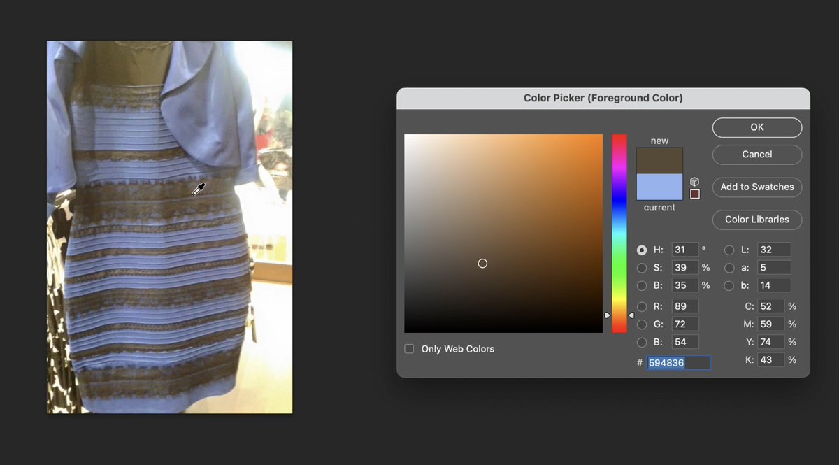 เป็นปริศนาธรรมโลกอินเตอร์เน็ตมาก ส่วนนี่เห็นเป็นน้ำเงินดำตลอด ปรับแสงหน้าจอ หรี่ตา เพ่งแสงขาว คือยังไงก็น้ำเงินดำ คาใจเลยลองเอาไปจิ้มสีใน photoshop ก็เป็นน้ำเงินกับเกือบดำอยู่ดี ส่วนรูปสองเป็นฟ้าน้ำตาลเพราะแสงเพี้ยน