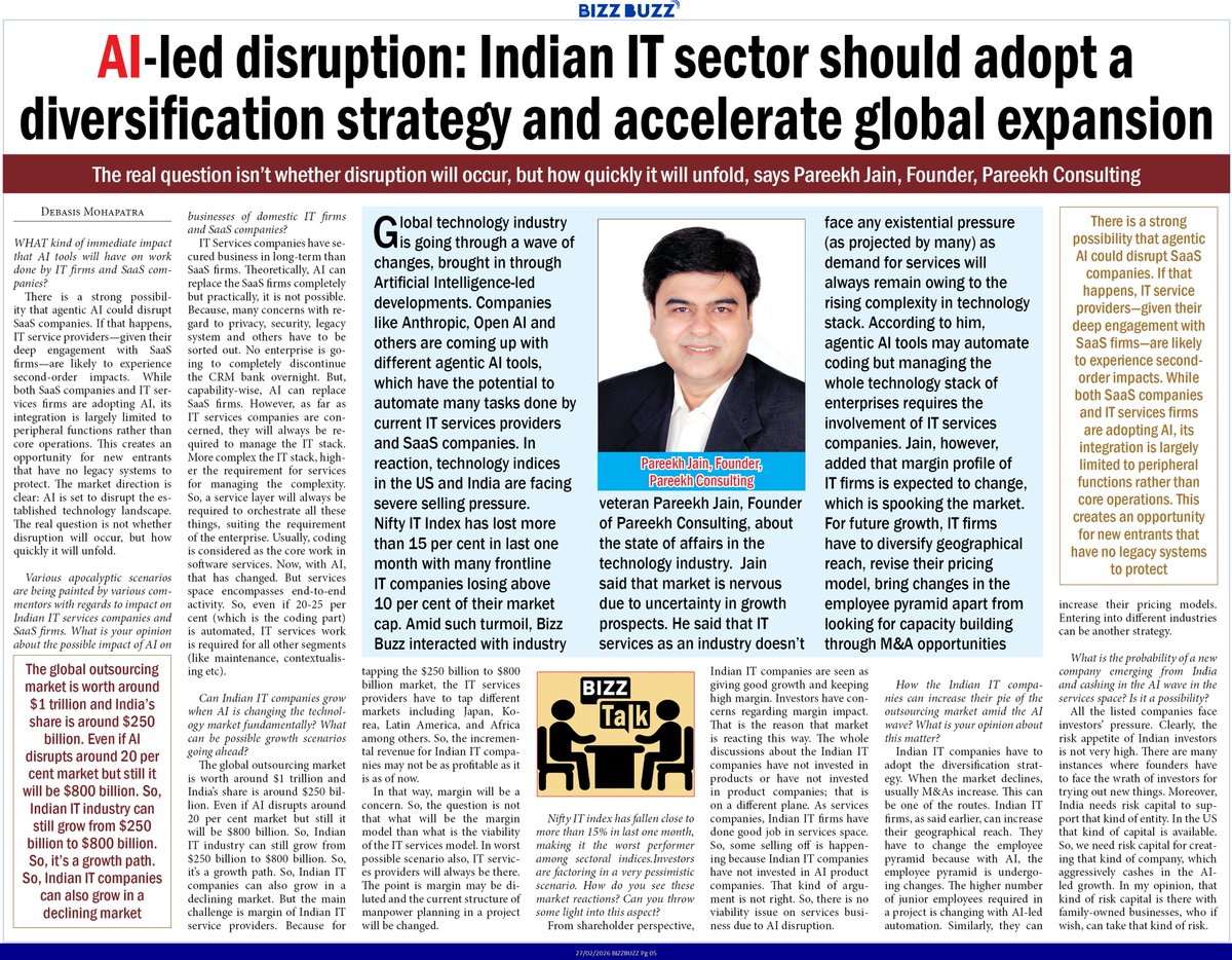 What can IT Service Providers do to grow amidst AI-led disruption? 

IT sector should adopt a diversification strategy and accelerate global expansion.

My interview published in BizzBuzz paper today.

<a href="/debasismohapat7/">debasis mohapatra</a>