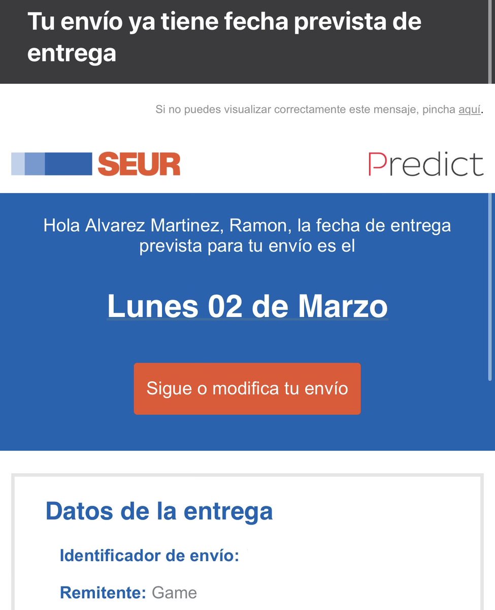 ramonsinmon's tweet photo. @VideojuegosGAME un pedido de salida, pagado el lunes, ¿es normal que mensajería tenga como fecha prevista de entrega el lunes? https://t.co/KdIRkKKqx7