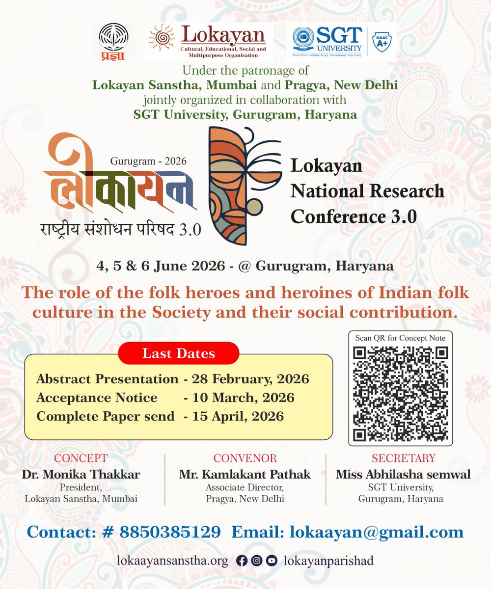 pragyasansthan's tweet photo. Folk art is the people’s voice—keeping alive the stories of folk heroes &amp; heroines who stood for justice and collective good.

Call for papers on social figures reflected in folk traditions.

Concept Note: https://t.co/snirspQOk5

#folk  #Culture  #callforpapers  #Research https://t.co/p4esJzhy0i