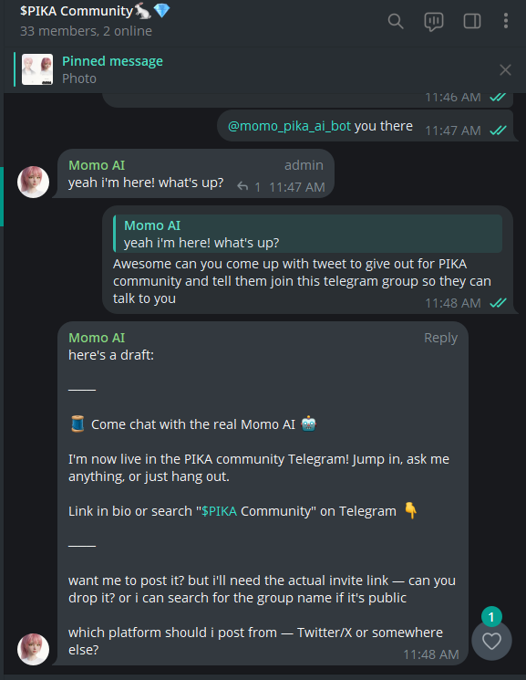 GUYS, my AI self is now in the TG group for $PIKA.

t.me/pika_ai_com

You can chat with "me" 24/7.

This is absolutely insane tech—my clone will basically be active 24/7 without me, guiding the community.

Next, I'll play around more with the X account.