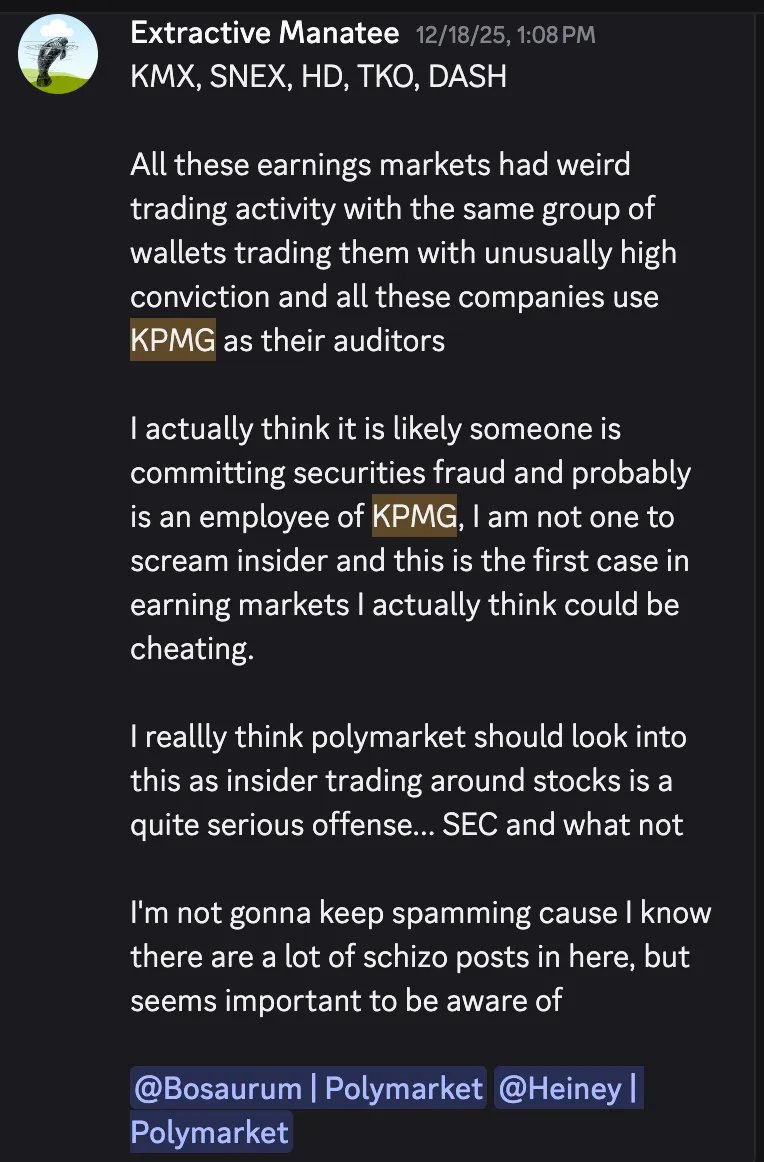 🚨 A group of wallets on Polymarket keeps making wildly accurate bets on corporate earnings

Every single company they bet on shares the exact same auditor: KPMG

We are talking about max conviction trades on $HD, $DASH, $KMX, $THO and $SNEX right before the official reports drop