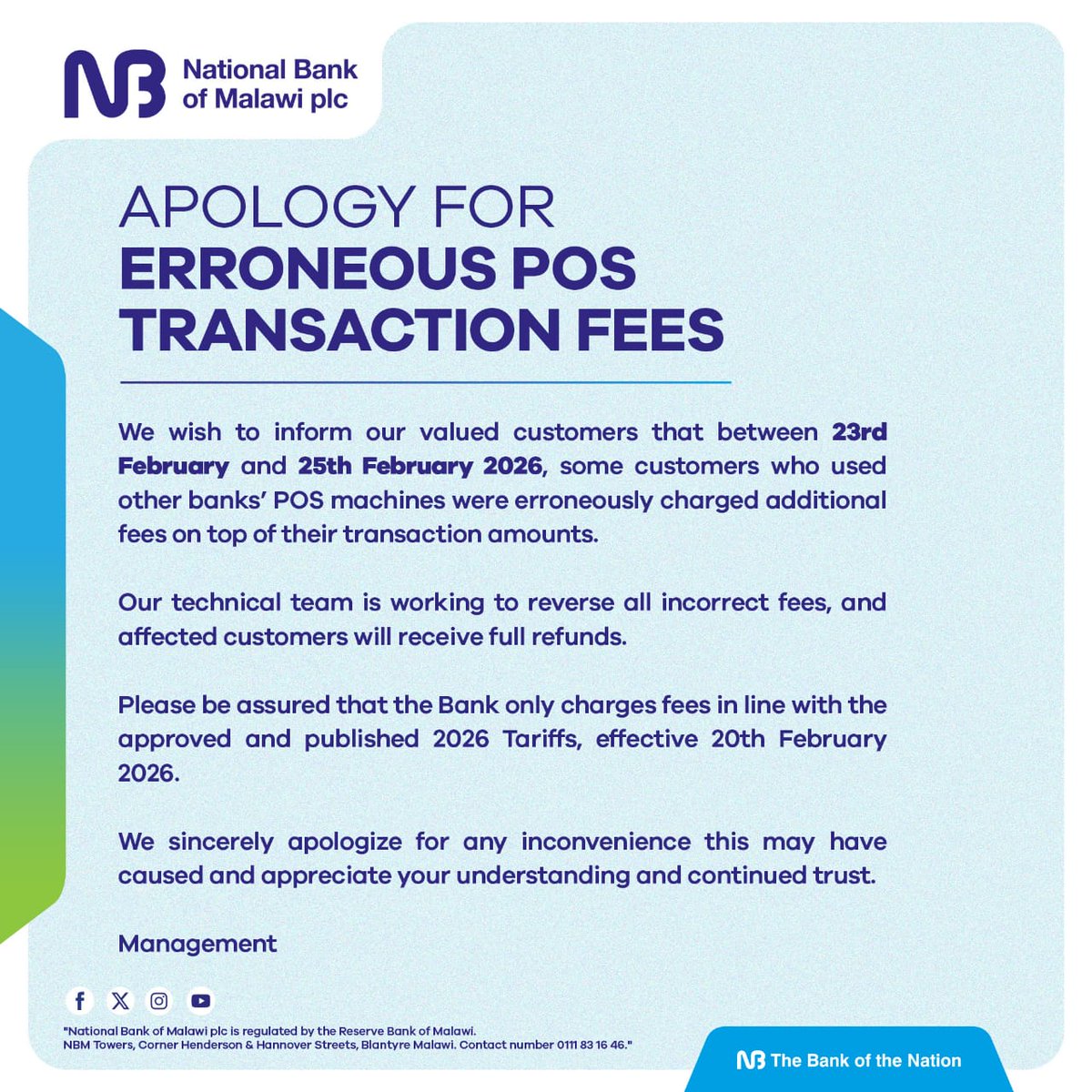 We apologize for erroneous fees charged at other banks' POS machines between 23rd and 25th February 2026.

 Our team is currently reversing these charges, and all affected customers will receive a full refund. We regret any inconvenience caused.