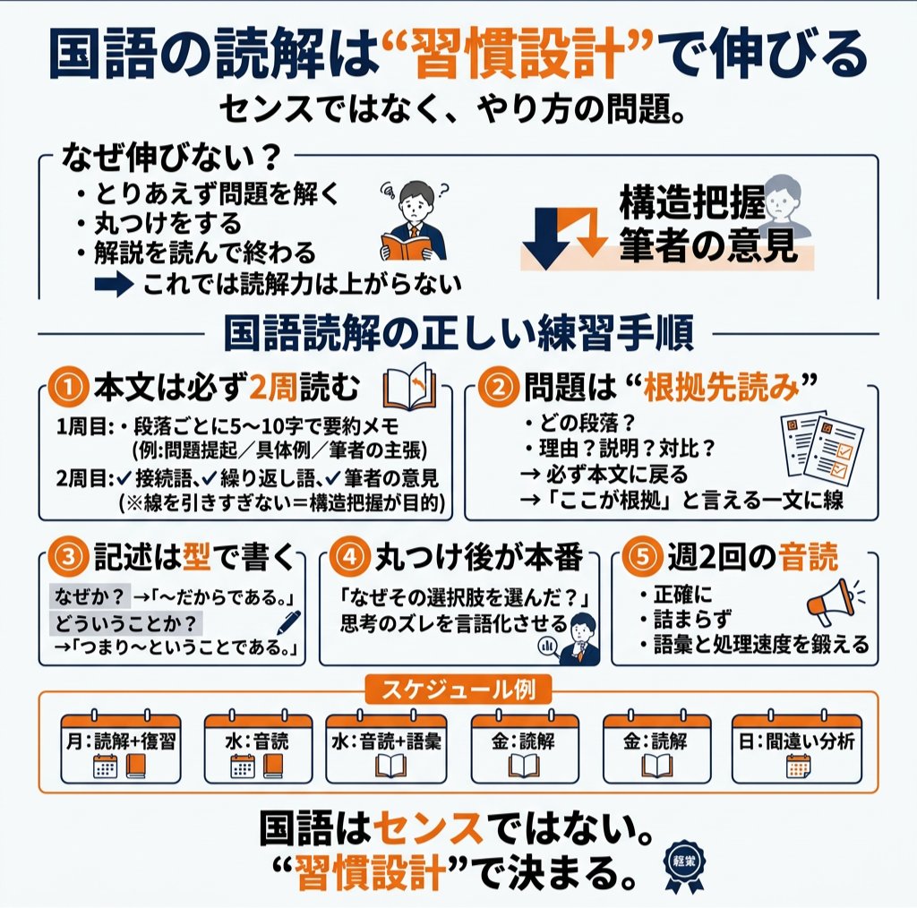 shota_bansou's tweet photo. 「国語の読解って、どうやって勉強させればいいんですか？」

これ、本当によく聞かれます。

でも正直に言うと、
国語が伸びない家庭のほとんどは
“習慣設計”が間違っています。

・とりあえず問題を解く
・丸つけをする
・解説を読んで「なるほど」で終わる

これを何年続けても、読解力は上がりません。

国語はセンス科目ではなく、“習慣設計”で伸ばせる科目です。
⬇️やることは、以下の通り⬇️

━━━━━━━━━━
【国語読解の正しい練習手順】
━━━━━━━━━━

① 本文は必ず2周読む

▼1周目
・普通に読む
・段落ごとに「何の話か？」を5〜10字でメモ

例）
1段落：問題提起
2段落：具体例
3段落：筆者の主張

これをやらないと、
「なんとなく読んだ」で終わります。

▼2周目
線を引くのはこの3つだけ。

✔ 接続語（しかし・つまり・一方で など）
✔ 繰り返し出てくる言葉
✔ 筆者の意見が書いてありそうな一文

線を引きすぎる子は伸びません。
目的は“情報収集”ではなく、“構造把握”です。

━━━━━━━━━━

② 問題は「根拠先読み」で解く

いきなり選択肢を見ない。

まず自分に問いかける。

・どの段落の話？
・これは理由を聞いてる？説明？対比？

そして必ず本文に戻る。

「ここが根拠」と言える一文に線を引いてから選ぶ。

“なんとなくこれっぽい”を許さない。
これだけで正答率はかなり変わります。

━━━━━━━━━━

③ 記述は“型”で書く

いきなり作文させない。

① 問われ方を確認
② 本文からキーワードを抜く
③ 接続語で整える

例えば：

なぜか？
→「〜だからである。」

どういうことか？
→「つまり〜ということである。」

感覚で書かせると、毎回ブレます。
型で整えると、安定します。

━━━━━━━━━━

④ 丸つけ後が本番

ここが一番大事。

間違えた問題でやることは一つ。

「なぜ自分はその選択肢を選んだのか説明させる」

✔ どう読んだ？
✔ どこを根拠にした？
✔ どこでズレた？

正解を書き写しても、意味はありません。

自分の思考のズレを言語化できる子が、
次で伸びます。

━━━━━━━━━━

⑤ 週2回の音読

読解力の土台は「語彙」と「処理速度」です。

・感情を込めなくていい
・とにかく正確に
・詰まらず読めるまで

詰まる文章は、理解できていません。

スラスラ読める文章は、
頭の中で意味処理が追いついています。

音読は地味ですが、効きます。

━━━━━━━━━━

【おすすめ"習慣設計"スケジュール】

月：読解1題＋復習
水：音読＋語彙確認
金：読解1題
日：間違い分析（思考のズレ確認）

量より「復習の質」です。

━━━━━━━━━━

そして最後に。

国語が伸びないのは、
才能の問題ではありません。

ほとんどの場合、

・構造を見ていない
・根拠を探していない
・言語化していない

このどれかです。

やり方は、実はシンプルです。
でも、家庭だけで“毎週やり切る”のは本当に難しい。

国語は、センスではなく"習慣設計"です。