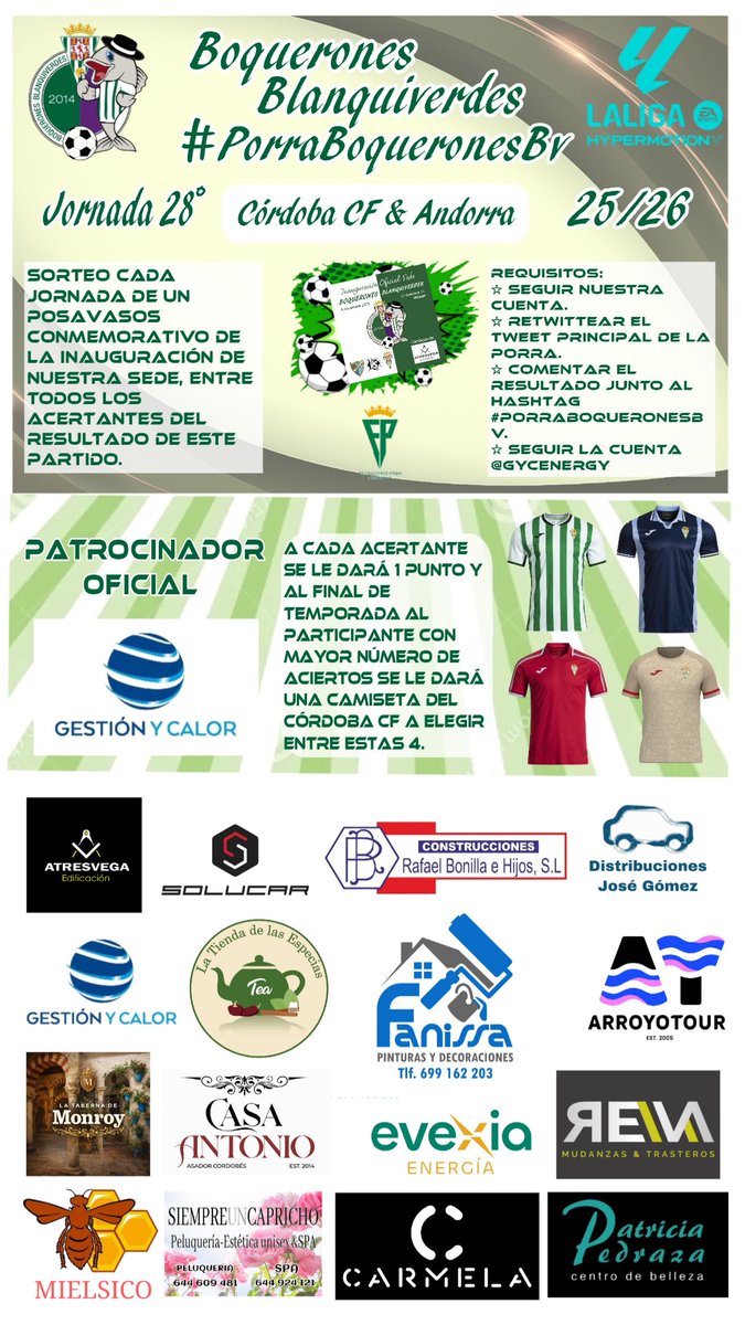 Volvemos a nuestro Reino, llega la Jornada 28 de nuestra #PorraBoqueronesBv. Os invitamos a participar y optar a nuestro exclusivo posavasos y puntuar para la camiseta oficial del Córdoba CF.

Porra Patrocinada por <a href="/GYCenergy/">Gestión Y Calor</a>
⚽️🤍💚🤍⚽️
