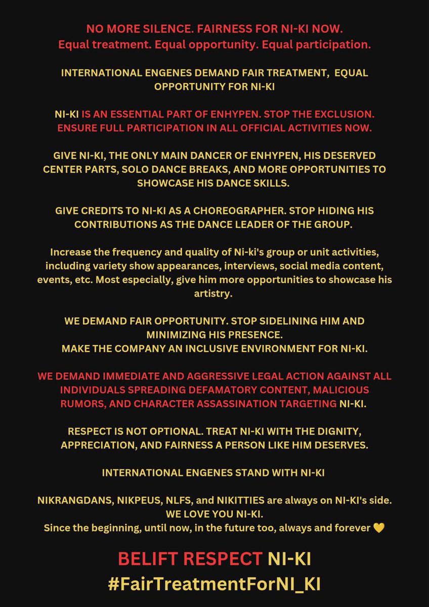 There are no better words to say than TREAT NI-KI EQUALLY. ENHYPEN IS 7, he is part of the team. Stop excluding, sidelining, and mistreating him

End the xenophobia and treat NI-KI with the respect he deserves.

BELIFT RESPECT NI-KI
#FairTreatmentForNI_KI
<a href="/BELIFTLAB/">BELIFT LAB</a> <a href="/ENHYPEN/">ENHYPEN OFFICIAL</a>