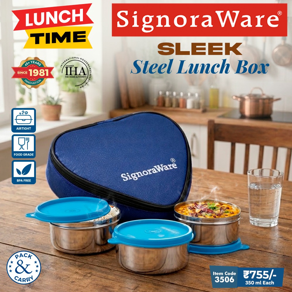 SignoraWare's tweet photo. ✨ Sleek Look. Strong Build.
Sleek Steel Lunch Box – modern design with durable stainless steel strength.
Keeps your meals fresh, secure and ready anytime.
#Signoraware #SleekSteel #StainlessSteelLunchBox #ModernTiffin #OfficeEssentials #MadeInIndia https://t.co/GyGKFjgDoU