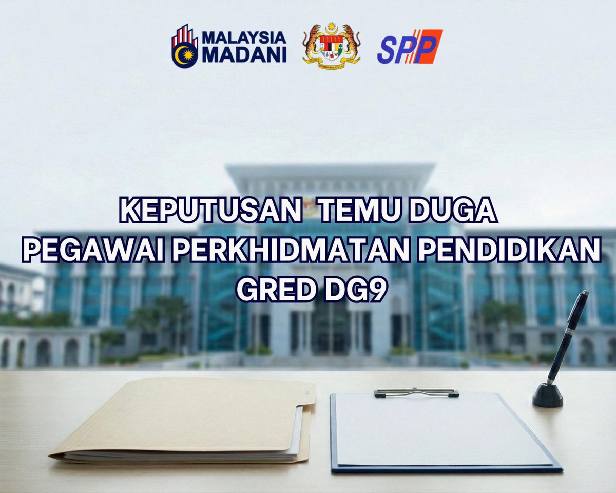 SPPMy's tweet image. Keputusan Pengambilan Khas Pegawai Perkhidmatan Pendidikan Gred DG9 Tahun 2025 Opsyen Bahasa Melayu
 
Calon yang terlibat dipelawa untuk menyemak status keputusan temu duga masing-masing melalui pautan rasmi SPP di spp.gov.my/pengumuman/202…
 
 #SPP
 #MalaysiaMADANI
 #TaatSetia