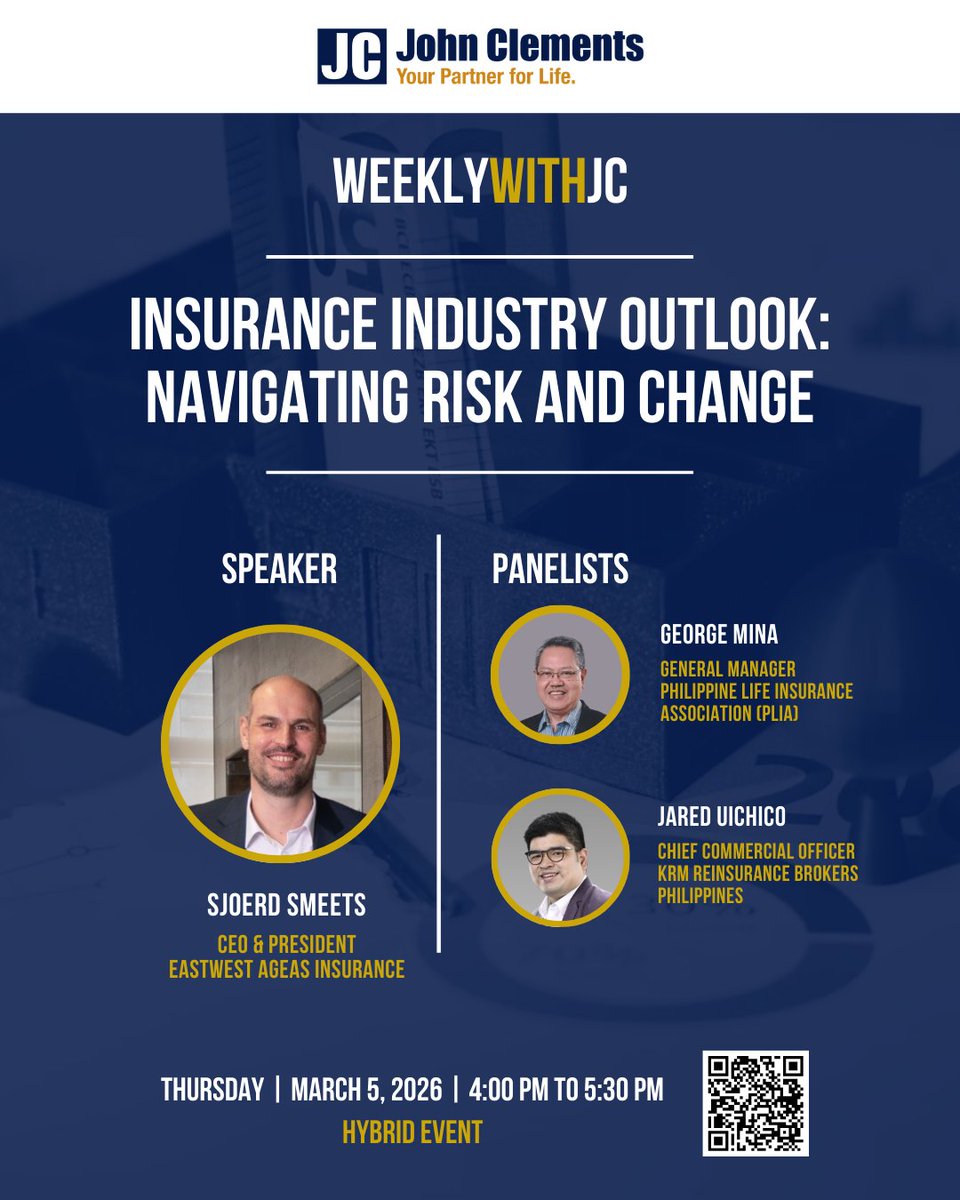 johnclementsph's tweet photo. Join our #WeeklywithJC session: Insurance Outlook 2026—your guide to the risks, changes, and opportunities shaping the industry

Scan the QR or click this link to secure your slot! 
🔗 https://t.co/tQsKfPTLBZ

#IndustryOutlook #LeadershipInsights #RiskManagement #LifeInsurance https://t.co/ZhVpUjIedj