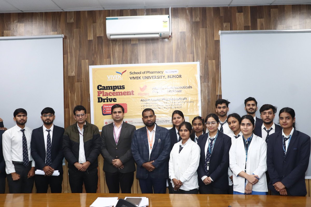 VivekUBijnor's tweet photo. 16 B.Pharm students of Vivek University selected at Akums Drugs &amp; Pharmaceuticals Ltd., Haridwar (Uttarakhand) through a successful campus placement drive. Selection based on GD &amp; Personal Interview. Proud moment for the Department of Pharmacy!

#vivekuniversitybijnor #placement https://t.co/lKTSGcdodt