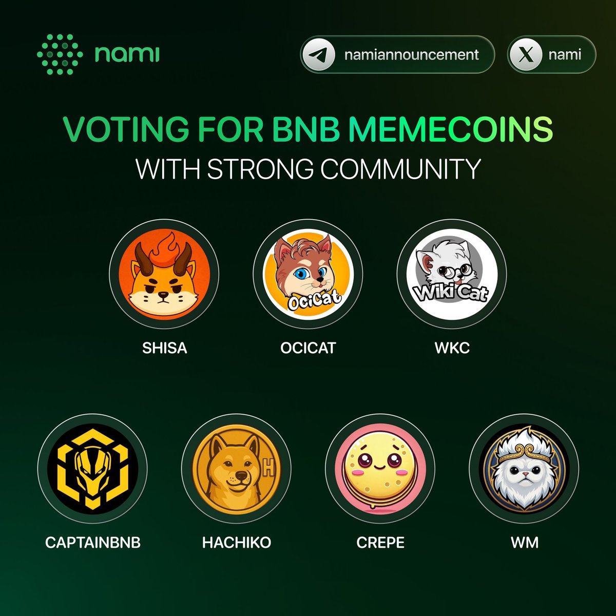🔥 BNB Memecoin Voting Is Live – Community Power Takes the Lead!

Nami officially opens voting for standout BNB memecoins backed by strong communities 👀

The lineup includes:
• $SHISA - <a href="/shisaBNB/">SHISA</a> 
• $OCICAT - <a href="/ocicattoken/">OciCat Token</a> 
• $WKC - <a href="/wikicatcoin/">Wiki Cat</a> 
• $CAPTAINBNB -