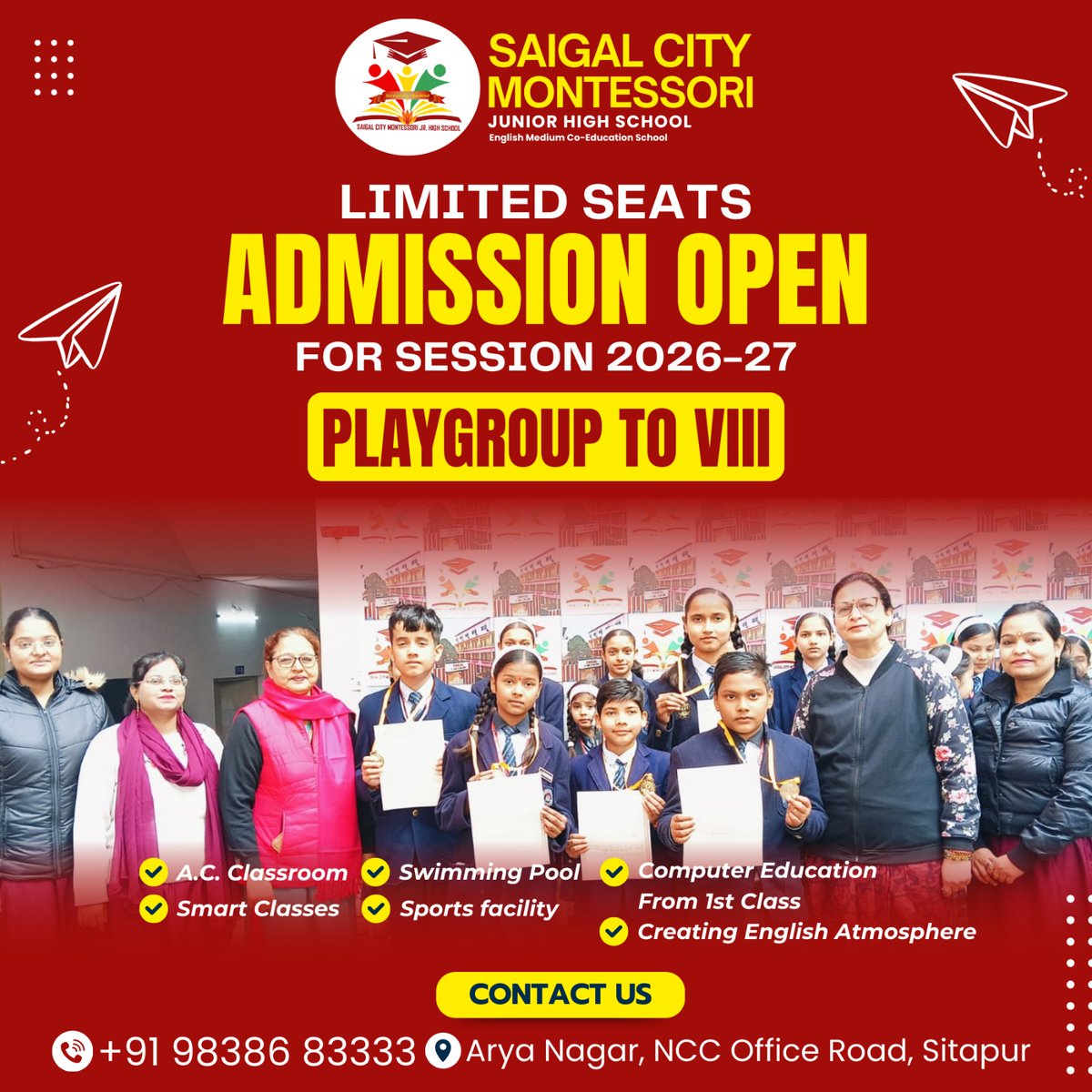 SaigalJr's tweet photo. Saigal City Montessori Junior High School,  LIMITED SEATS – ADMISSION OPEN   Session 2026–27
 Playgroup to Class VIII
#SaigalCityMontessori #AdmissionOpen2026 #SitapurSchool #JuniorHighSchool #PlaygroupTo8 #SmartClass #EnglishEnvironment #BestSchoolInSitapur #LimitedSeats https://t.co/Ryr8vwFo7g