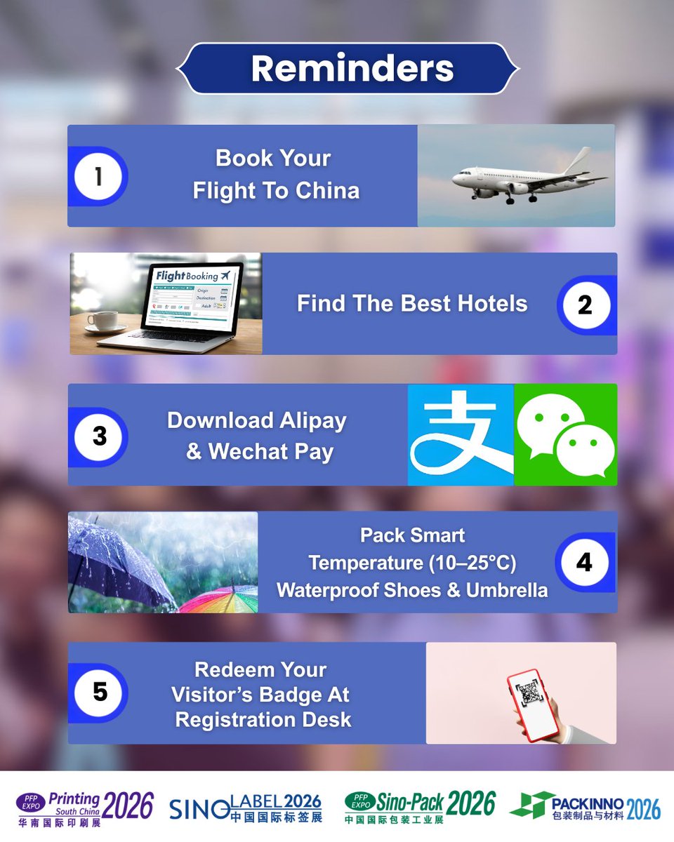 SinoLabel's tweet photo. See you at #PFPEXPO2026! ✈️
✅Checklist: Book travel, setup Alipay, pack for 15-25°C (umbrella/waterproof shoes!) &amp; get your badge.
🚗 Driving? Non-A plates must apply for peak permits, more info: https://t.co/NBIhrKE54U
📅 4-6 Mar
📍 China Import &amp; Export Fair Complex, Guangzhou https://t.co/izBDzLX0qX