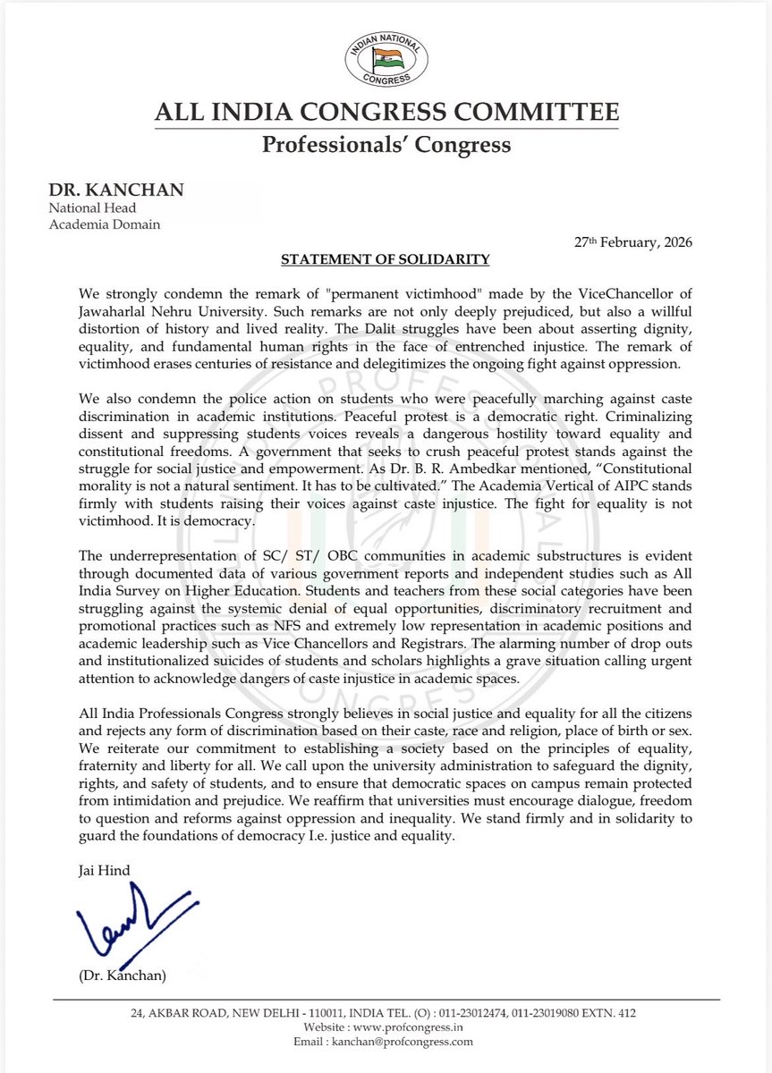 AIPC academia vertical condemns the remarks of JNU VC on caste discrimination. We stand in support of social justice and equality for all. <a href="/RahulGandhi/">Rahul Gandhi</a> <a href="/KRajuINC/">K Raju</a>