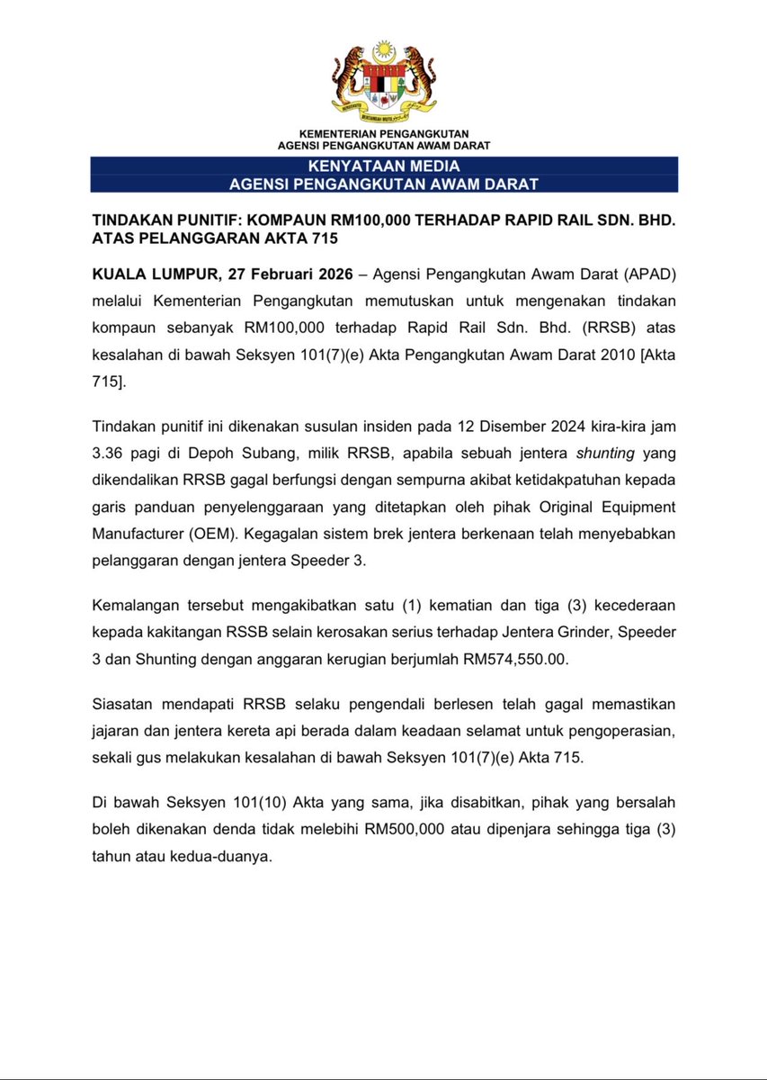 APADchannel's tweet photo. APAD mengenakan kompaun RM100,000 terhadap Rapid Rail Sdn. Bhd. atas pelanggaran Seksyen 101(7)(e) Akta Pengangkutan Awam Darat 2010 susulan insiden di Depoh Subang (12 Dis 2024).

Komitmen berterusan demi keselamatan operasi rel negara.

info tepat | mobiliti mampan

#APAD https://t.co/l6VlkEtuMD