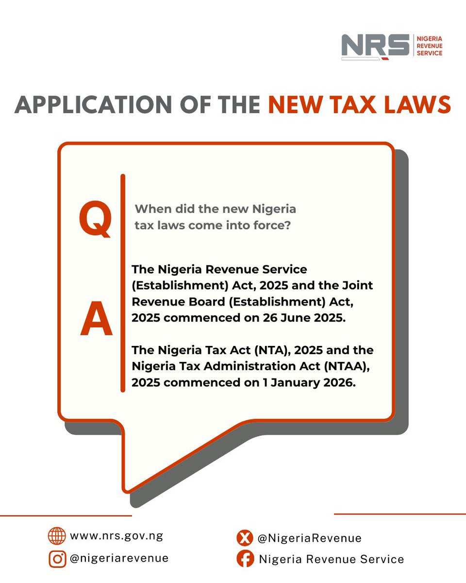 NigeriaRevenue's tweet image. FAQs on the Application of the New Tax Laws 📑

#TogetherWeRiseTogetherWeProsper #FAQs #NewTaxLaws #NigeriaRevenueService