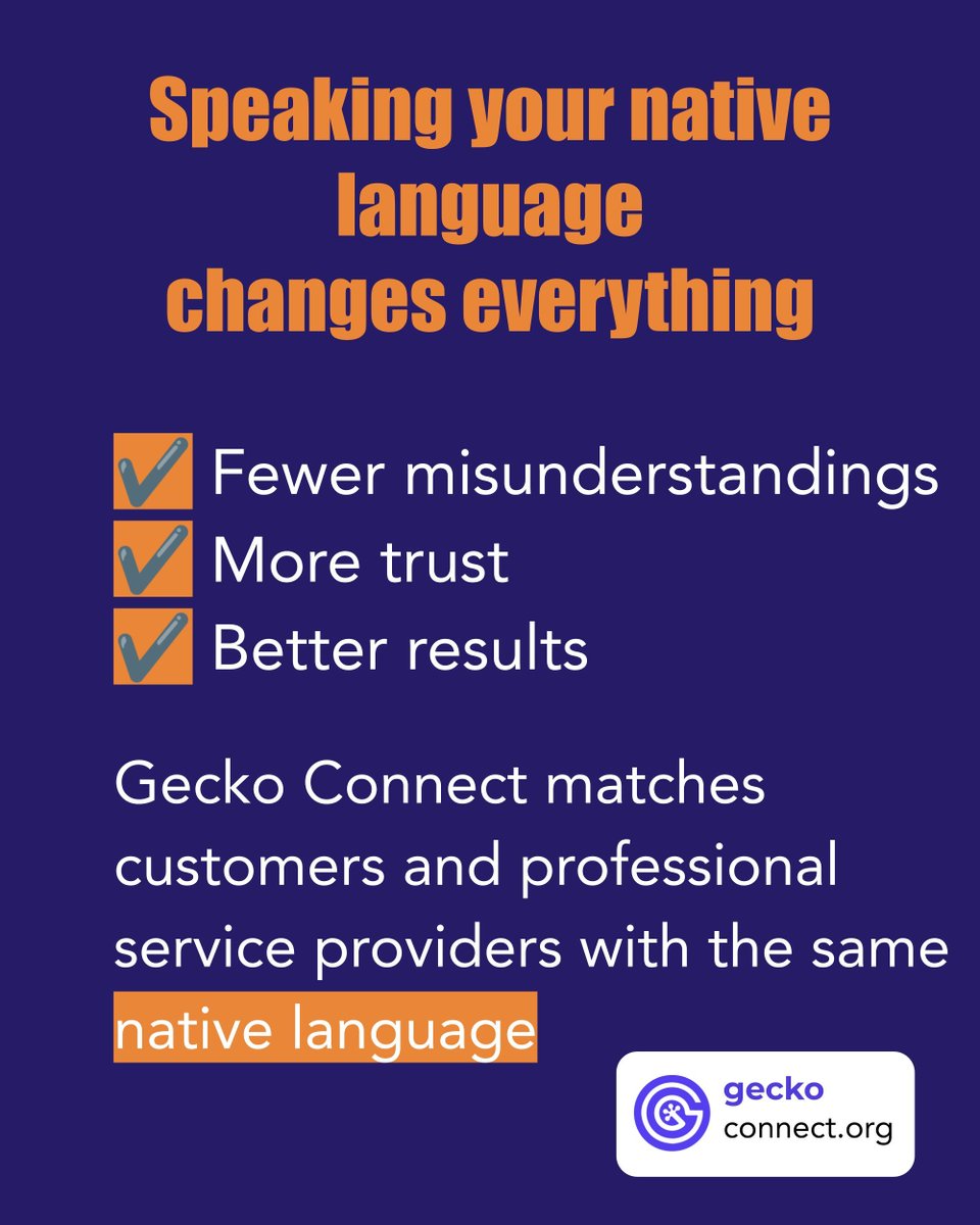 geckoconnectco's tweet photo. Speaking the same language changes everything:
✔️ Fewer misunderstandings
✔️ More trust
✔️ Better results
Gecko Connect matches customers and professional service providers with the same native language
#trustedprofessionals #samelanguage #geckoconnect https://t.co/snIkIc7JkZ