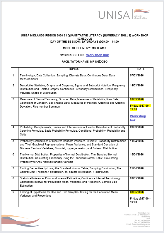 UnisaMidRegion's tweet photo. Invitation to Quantitative Literacy (Numeracy skills) Workshop Schedule

Days of the Session: Saturdays @09:00-11:00
Joining link : https://t.co/FHhdlpfrT5
Facilitator’s name: Mr. Ngcobo https://t.co/JotYzgrBfs