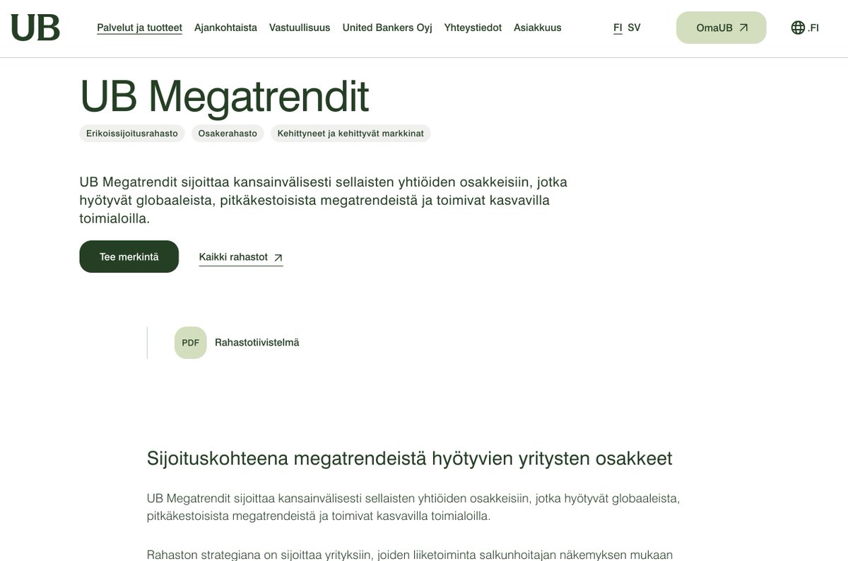 Hoitamani UB Megatrendit -rahasto on tänään avautunut merkinnöille!

Merkinnän voi tehdä helpoiten OmaUB verkkopalvelussa. Rahaston sijoitustoiminta alkaa ensi viikon perjantaina 6.3.