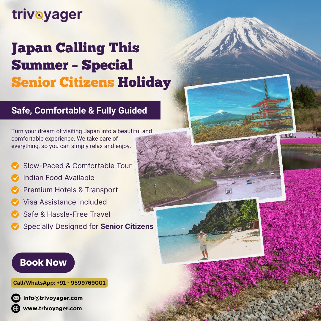 trivoyager's tweet image. Japan Holiday Specially for Senior Citizens
.
Enjoy cherry blossoms, peaceful temples, and beautiful landscapes — without any travel stress.
.
• 📧 info@trivoyager.com
.
#JapanHoliday #SeniorTravel #RetirementTravel #SummerHoliday #trivoyager