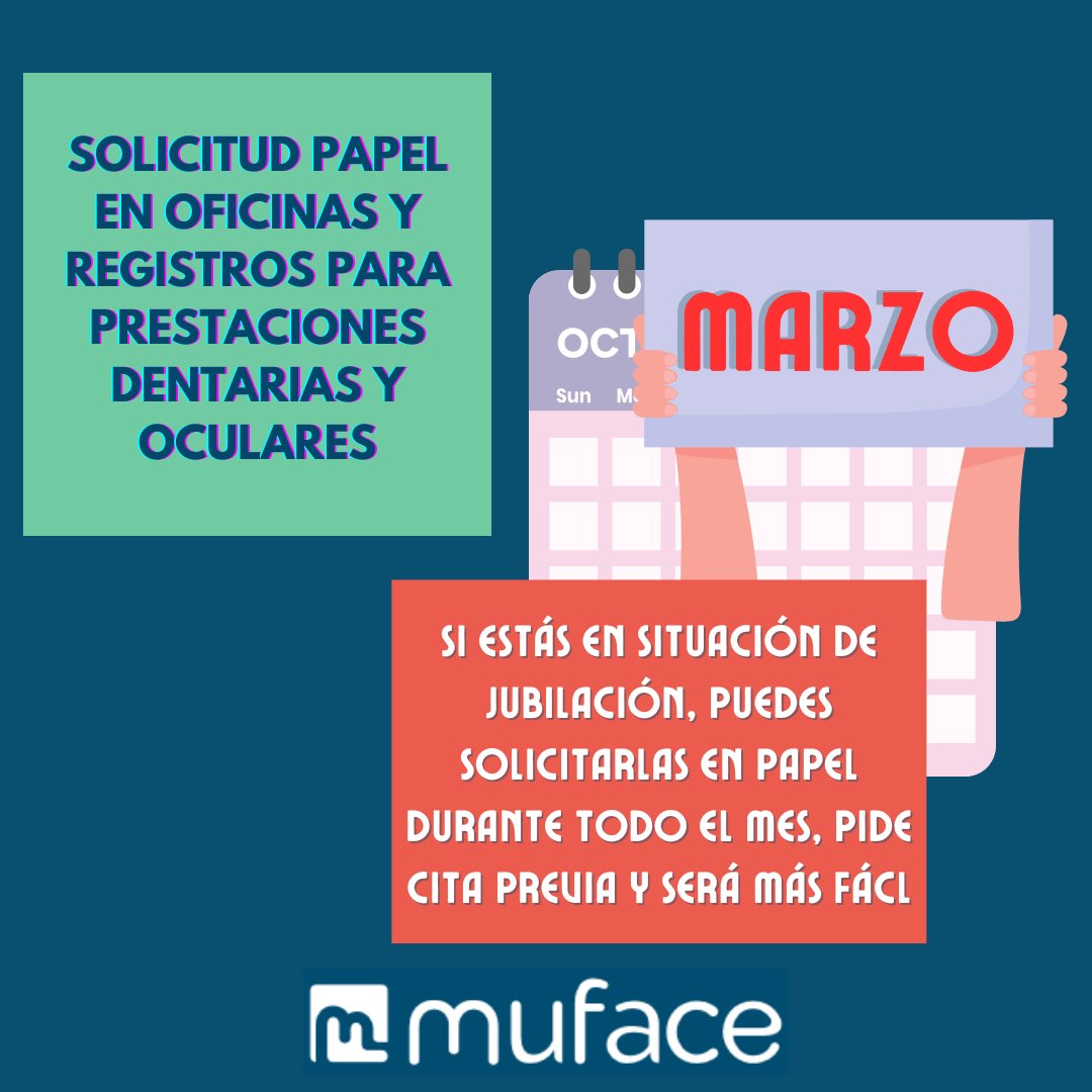 MES DE MARZO DENTARIAS Y OCULARES 🦷👀

📄Presenta solicitudes papel si eres jubilado/a, voluntario/a o beneficiario a título propio

🏢En oficinas, mejor con cita, o a través de otros registros

🙂Y cuando quieras, por sede o App

muface.es/actualidad/not…