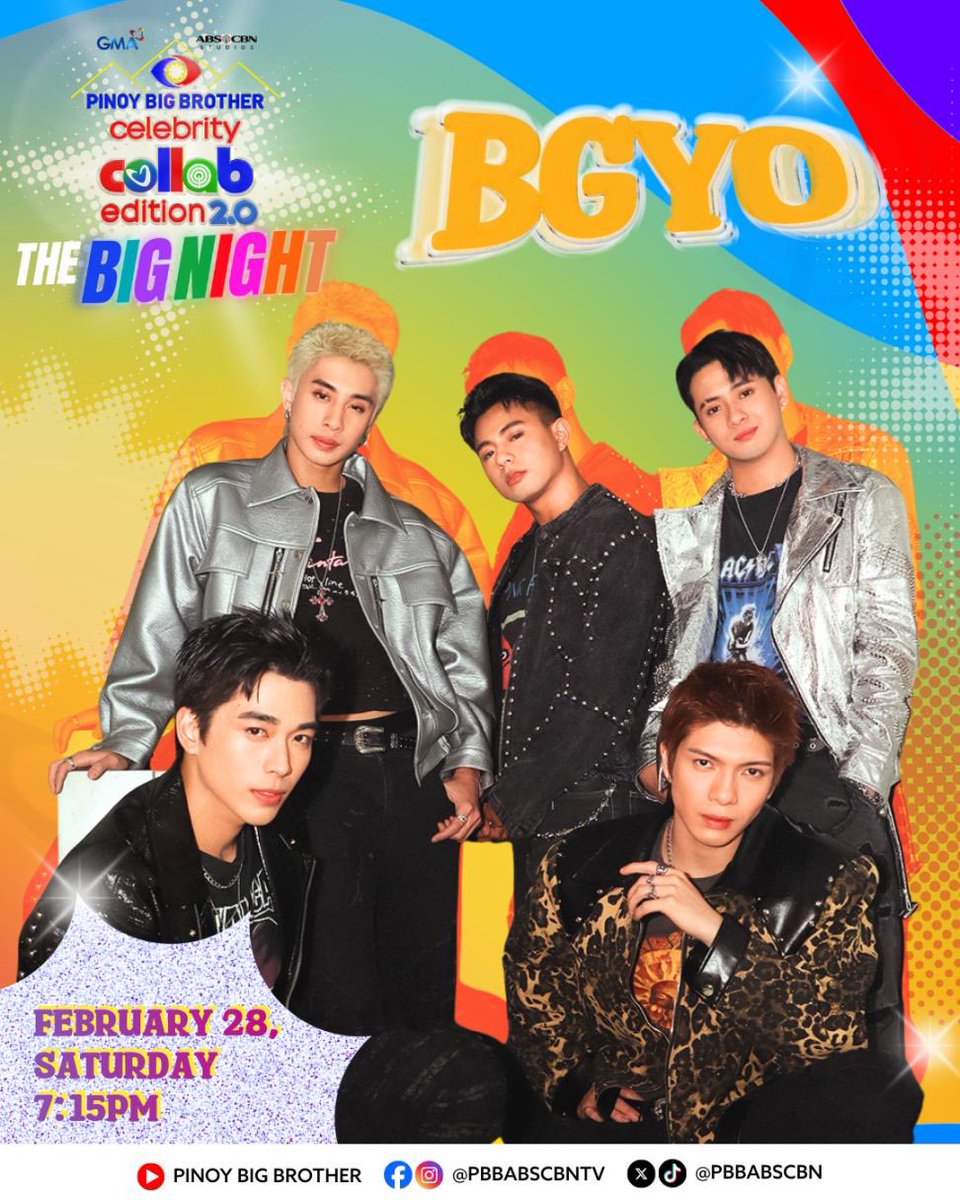 PBBabscbn's tweet photo. BIG NIGHT just got even BIGGER! 🌟

Makakasama natin ang BGYO sa PBB Celebrity Collab 2.0 The Big Night ngayong February 28, Saturday | 7:15PM! Expect pasabog, expect feels, expect iconic ganap! 🥳

#PBBCollab20TheBigNight https://t.co/2HntUFdSbj