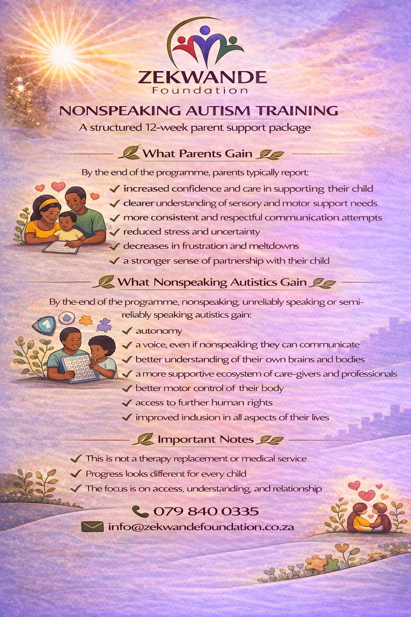 Our Nonspeaking Autism Training is a structured 12-week parent support programme designed to help families better understand communication, sensory needs, and regulation — while strengthening connection and confidence at home. 💛

📞 079 840 0335
✉️ info@zekwandefoundation.co.za