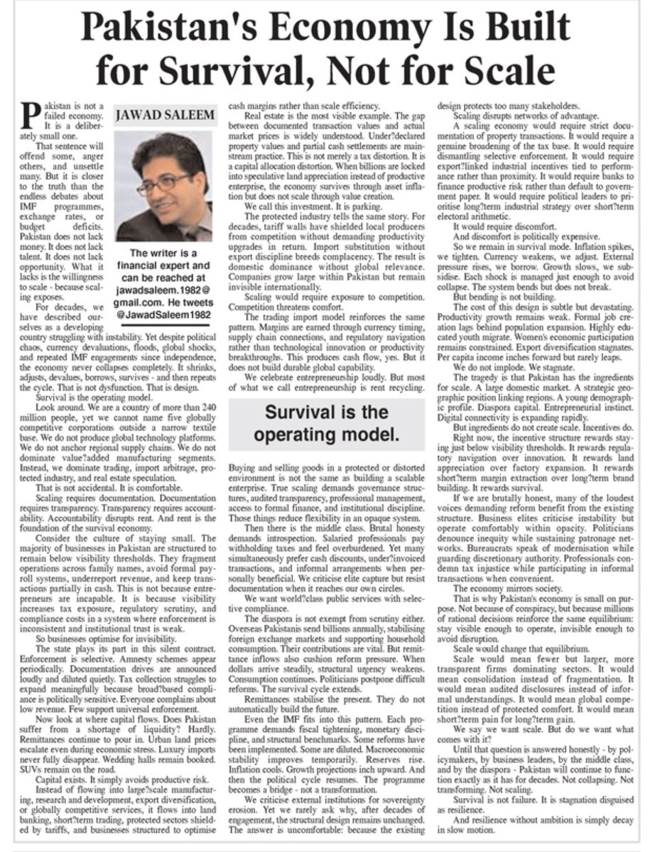 Pakistan is not a failed economy.
It is a deliberately small one.

My latest in <a href="/dailytimespak/">Daily Times</a> argues that we’ve built an economy designed for survival — not scale.

We manage crises.
We don’t build global champions.

Why does capital prefer land over industry?
Why do businesses