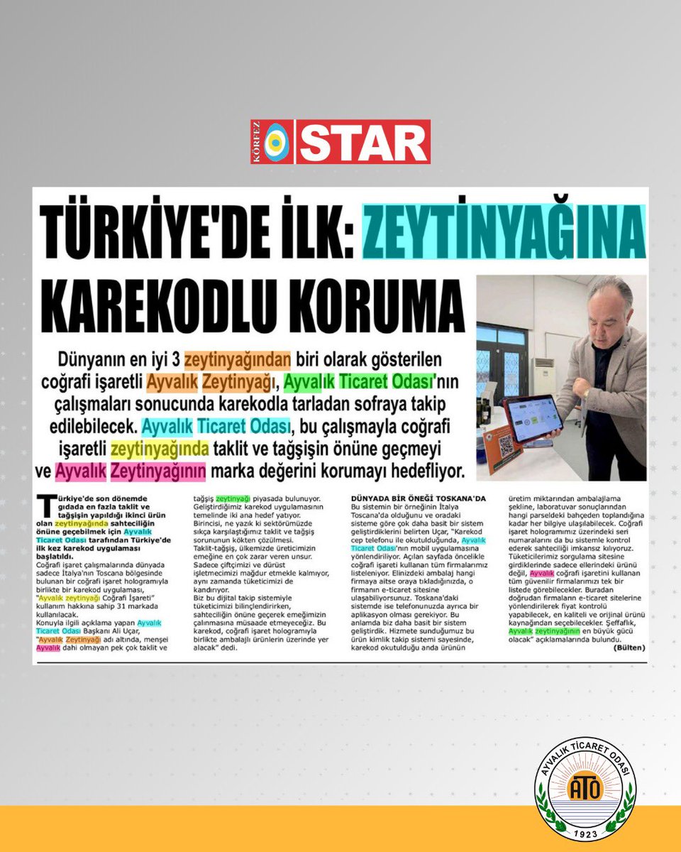 Ayvalık Ticaret Odası Başkanı Ali Uçar, bugün (27 Şubat Cuma) yazılı basına, zeytinyağında Türkiye’de ilk kez Ayvalık Ticaret Odası tarafından uygulanmaya başlayan, zeytinyağında taklit ve tağşişin onune geçecek karekod uygulaması hakkında bilgilendirmelerde bulundu.