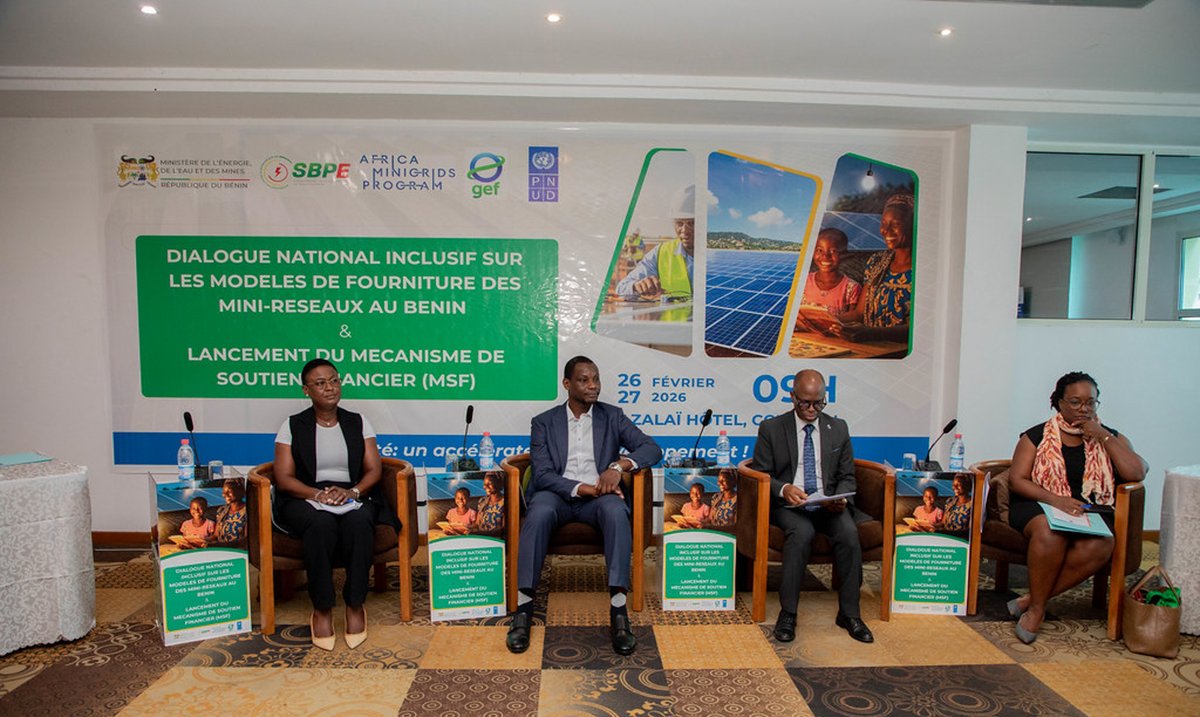 PNUDBenin's tweet image. 💡Le Dialogue national inclusif sur les modèles de fourniture des mini‑réseaux au Bénin se tient à Cotonou du 26 au 27/02/2026 avec le lancement du Mécanisme de Soutien Financier #MSF appuyé par @TheGeF &amp;amp; le #PNUD pour accélérer l’accès des populations à l’électricité hors réseau