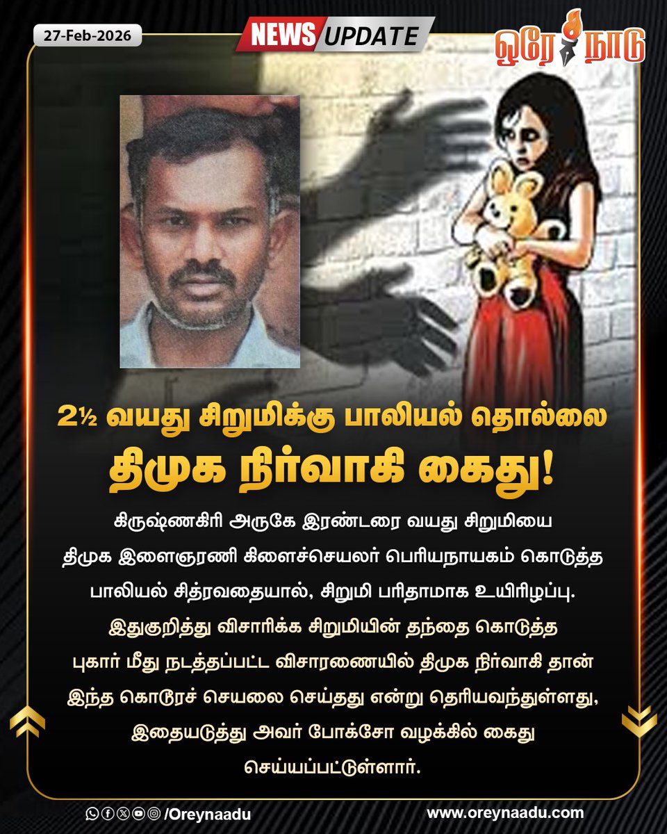 oreynaadunews's tweet image. 2½ வயது சிறுமிக்கு பாலியல் தொல்லை - திமுக நிர்வாகி கைது!

#Child | #harrasment | #TamilNadu | #crime | #Oreynaadu