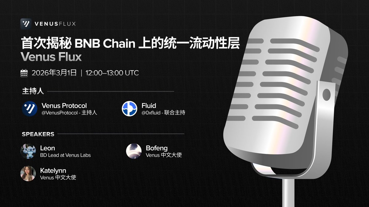 Venus Flux 上线不到 24 小时
Market Size 已突破 $109M+ 🚀

由 <a href="/VenusProtocol/">Venus Protocol</a> × <a href="/0xfluid/">Fluid 🌊</a> 打造的
<a href="/BNBCHAIN/">BNB Chain</a> 上首个统一流动性层到底是怎么做到的？又在解决什么问题？

来 AMA 聊点底层逻辑 👇
🗓 3 月 1 日 ｜12:00 UTC
🎙 首次揭秘BNB Chain 上的统一流动性层 ：Venus Flux

👉