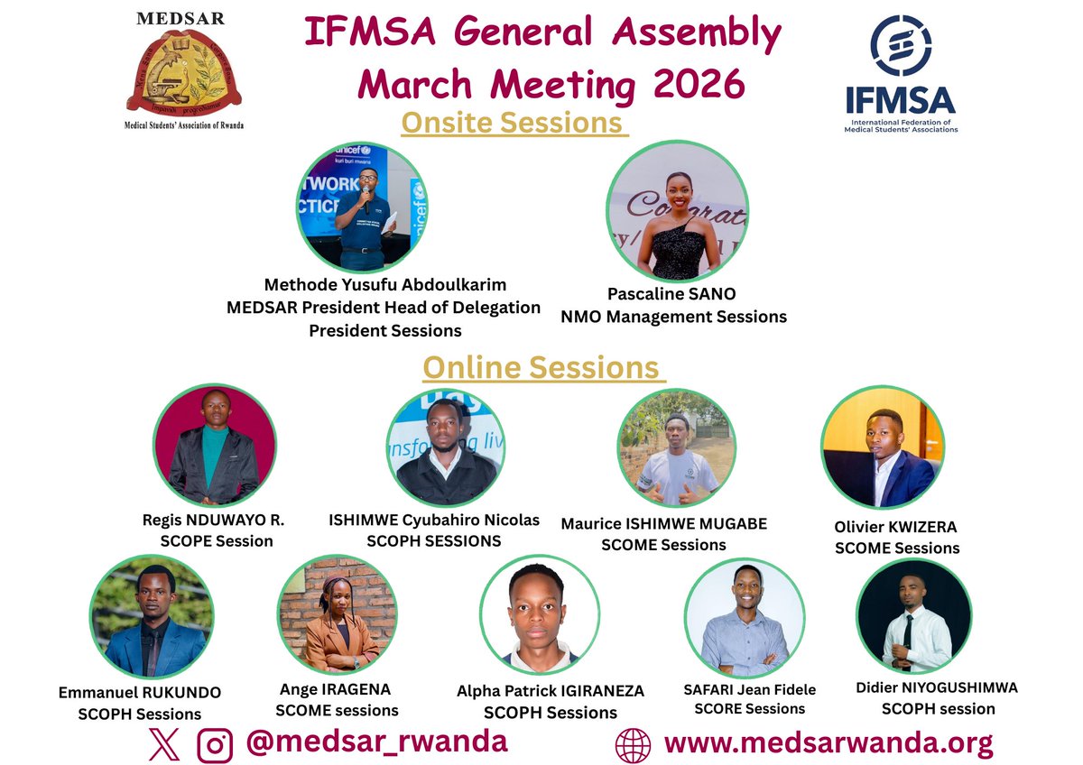 Proud to represent <a href="/medsar_rwanda/">MEDSAR RWANDA</a> 🇷🇼 at the @ifmsa General Assembly March Meeting 2026 in the SCOPE Session.
Strengthening professional exchanges, building global connections, and bringing experience back home.
#IFMSA #MM2026 #SCOPE #MEDSAR