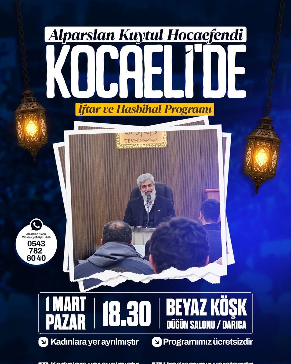 Alparslan Kuytul Hocaefendi, "İftar ve Hasbihal Programı" için Kocaeli'ye geliyor!

🗓 1 Mart Pazar 
🕗 18.30
📍 Beyaz Köşk Düğün Salonu / Darıca

Tüm halkımız davetlidir. 

#RamazanRuhunuYaşat