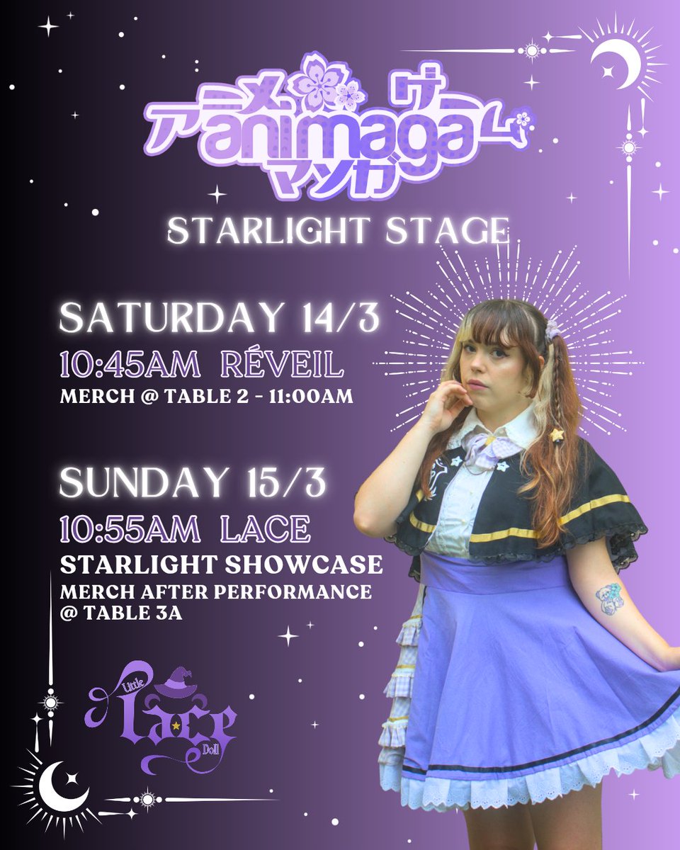 ⛧₊ ⊹‧ ANNOUNCEMENT ₊˚ ☽
Im performing both days of Animaga Syd 💜

✦ Saturday 14/3
With <a href="/Reveil_au/">RéVeil</a> at 10:45am
Merch @ Table 2 - 11am [1 hour]

✦ Sunday 15/3
Solo in the Starlight Showcase at roughly 10:55am (5th performer)
Merch after performance @ Table 3A [45 min]