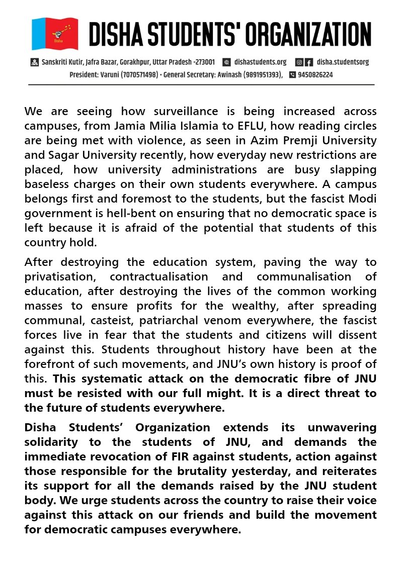 JoinDisha's tweet photo. Condemn Delhi Police’s brutality against JNU students!

#JNU #repression #smashfascism #UGCRegulations #jnusu #jnuprotest https://t.co/nIthpTA1WV