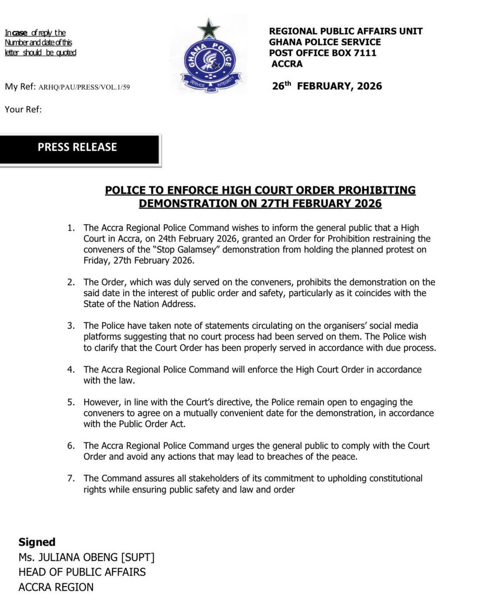 UPDATE: We successfully contacted Ghana Police and they haven’t confirmed the legitimacy of the supposed order to prohibit the Stop Galamsey Demonstration. As such we have retracted our previous post, and will monitor and update.

Please remain alert and use #StopGalamsey