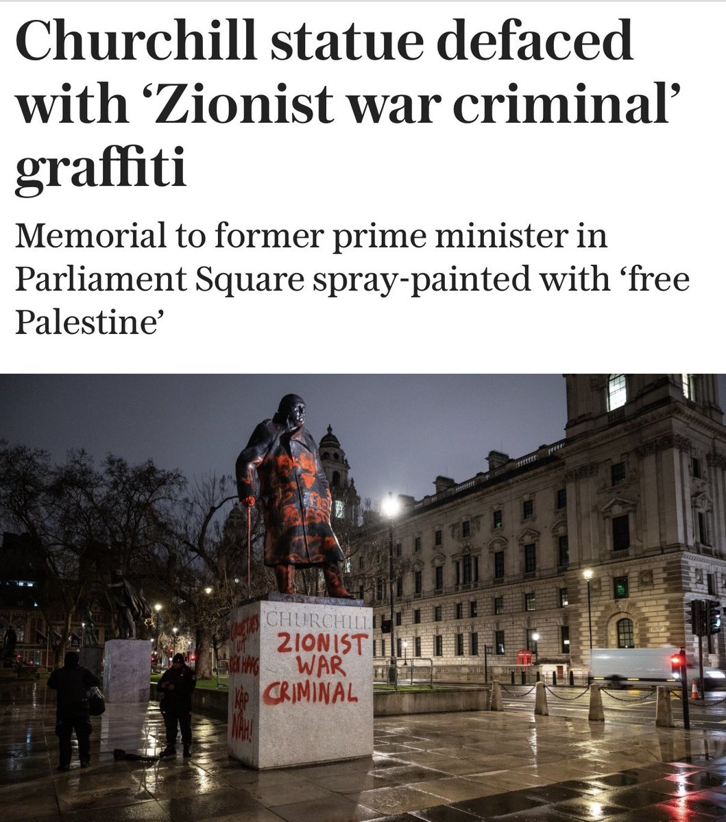The statue of Sir Winston Churchill in Parliament Square has been defaced with pro-Palestine graffiti… It’s about time prison sentences were dished out for defacing pride in British history!