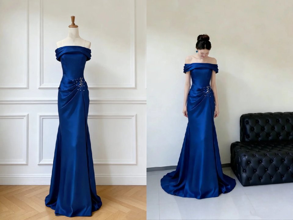 Blue Satin Mermaid Scoop Long Formal Dress, Beaded Evening Prom Dress
