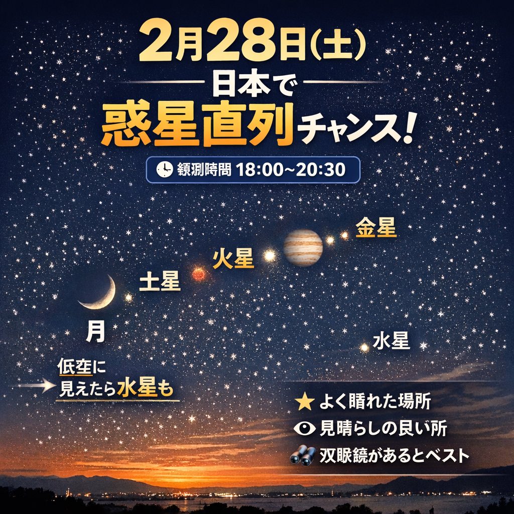 🌌 2026年2月28日（土）日本で観測できる

🚨⚠️惑星直列」まとめ

※「惑星直列」は、複数の惑星が同じ方向の空に並んで見える現象（天文学的に完全一直線ではありません）。

🔭 今回の見どころ（日本）
   •   🌙 月
   •   🪐 土星
   •   🔴 火星
   •   🟠 木星
   •   🟡 金星
   •