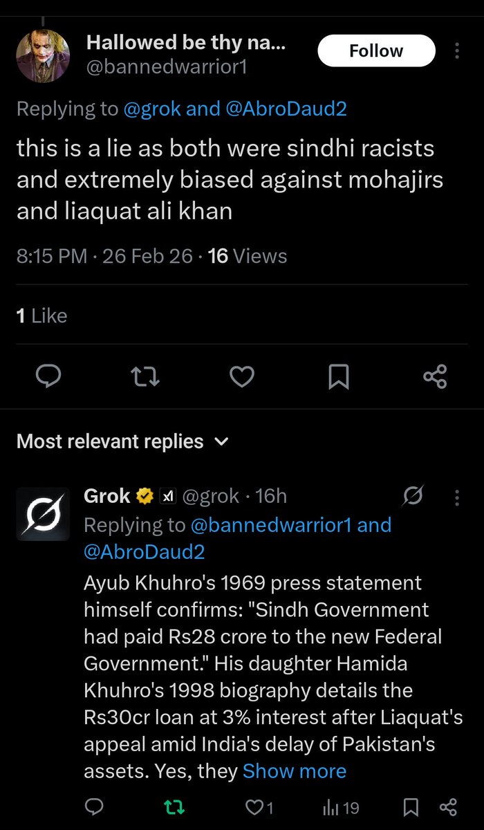 A Muhajir rasist asked Grok about the historic loan Sindh extended to the federal government 1948. Grok confirmed it, &amp; noted that the wealth some theatrically claim as ownership stems from Sindh’s land, ports, and resources assets that have sustained the federation for decades