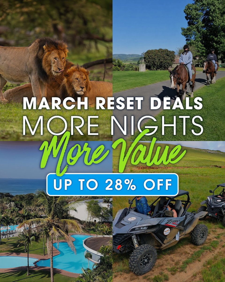 First_Group_ZA's tweet image. MORE NIGHTS, MORE VALUE. 

Up to 28% off, book today only &amp;amp; stay anytime in March at Sanbonani, Qwantani, Midlands Saddle &amp;amp; Trout, Margate Sands, Magalies, La Montagne, Breakers. 

Choose Midweek, 3-night or 4-night &amp;amp; book online: bit.ly/4aF63oh
Ts and Cs.
#FirstGroup
